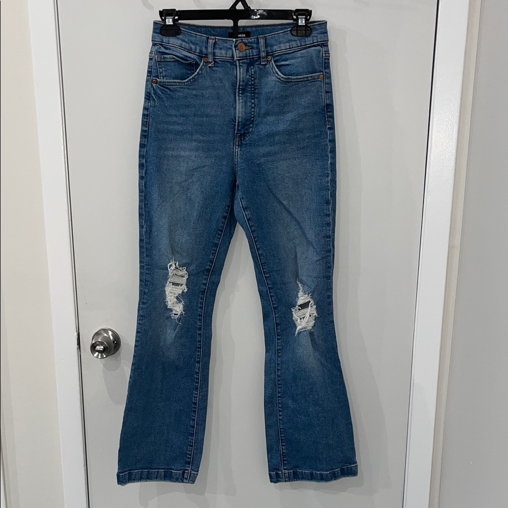 Express Blue Distressed Flare Jeans